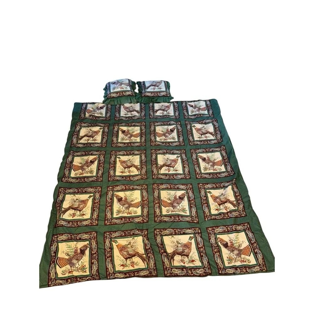Vintage Pheasant Grouse Game Bird Twin Bedspread & 2 Throw Pillows Green Brown